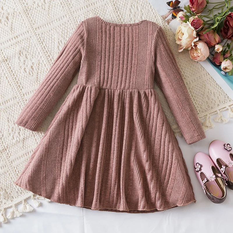 Baby Girl Button Front Solid Rib Knit Long-sleeve Dress Soft and Comfortable Perfect for Outings Daily Casual Wear Kids Clothes