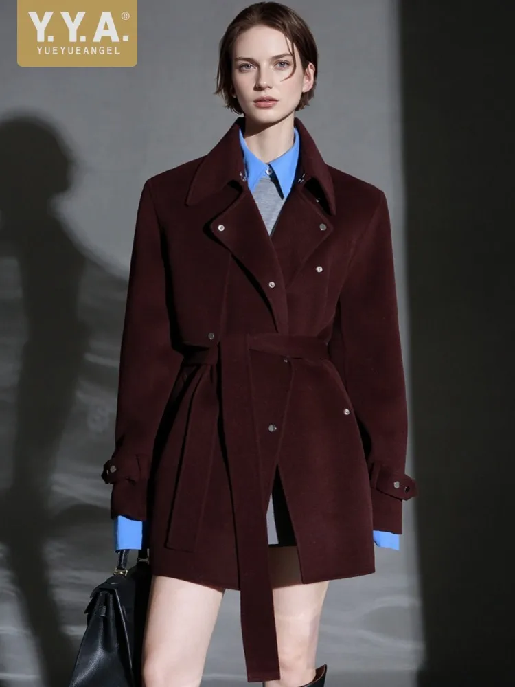 Korean Style Woolen Fabric Designer Women Double Sided Cashmere Turndown Collar Long Sleeve Sashes Coat Fashion Jacket Outerwear