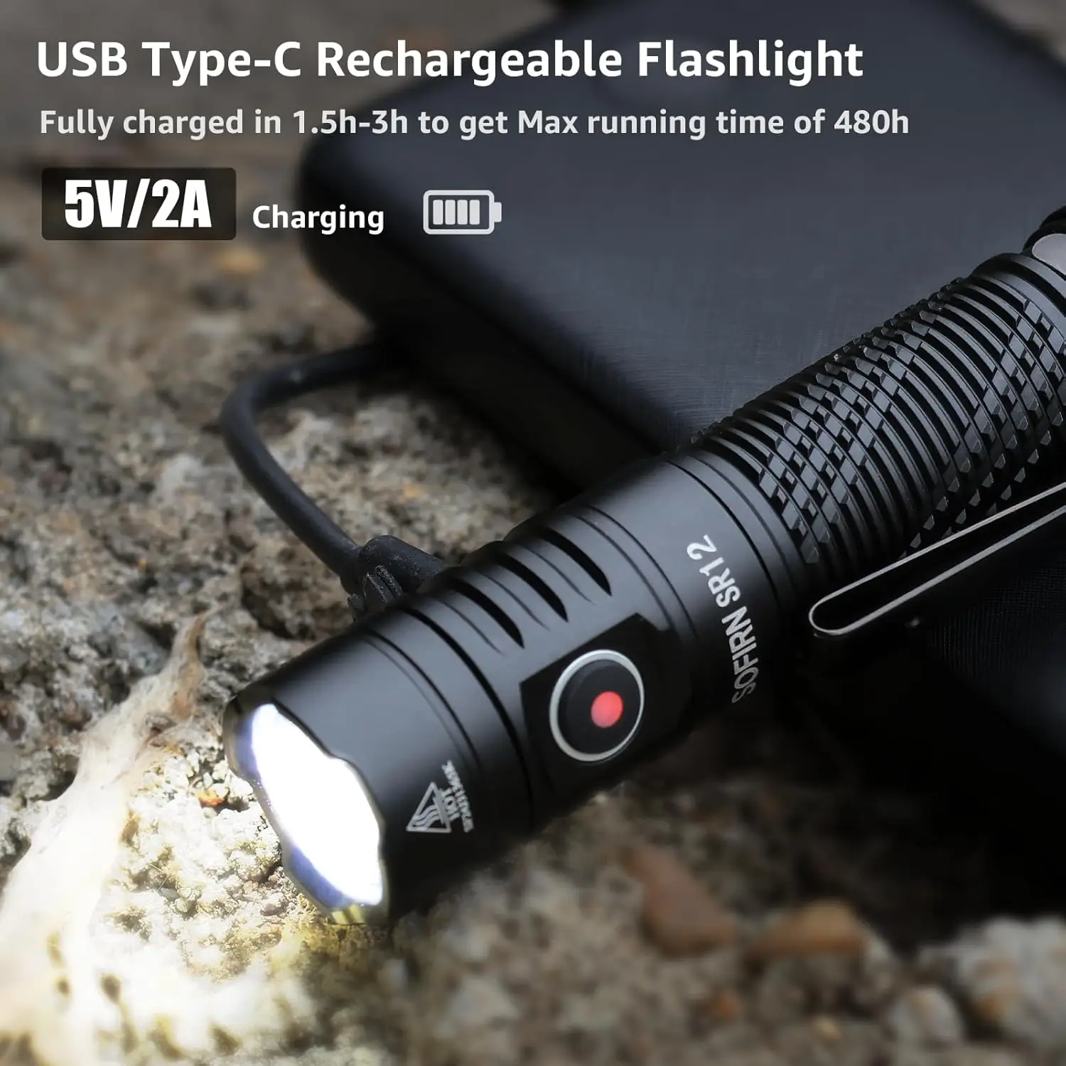 Rechargeable Pocket Flashlight, 1450lm Bright LED Light, 1300ft Throw, IP68 Waterproof, Compact for Outdoor Use