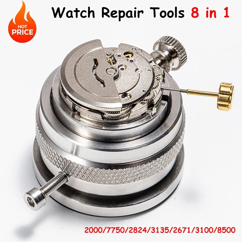 

New 8 in 1 Stainless Steel Watch Movement Holder for 2000/7750/2824/3135/2671/3100/8500 with a rotatable base Watch Repair Tools