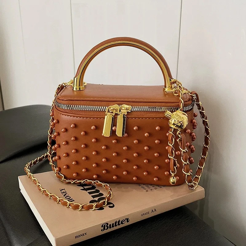 Luxury Women's Inlaid Pearls Chain Box Handbag Fashion Designer Makeup Bag High-end Party Evening Clutch Bag Crossbody Bag 2