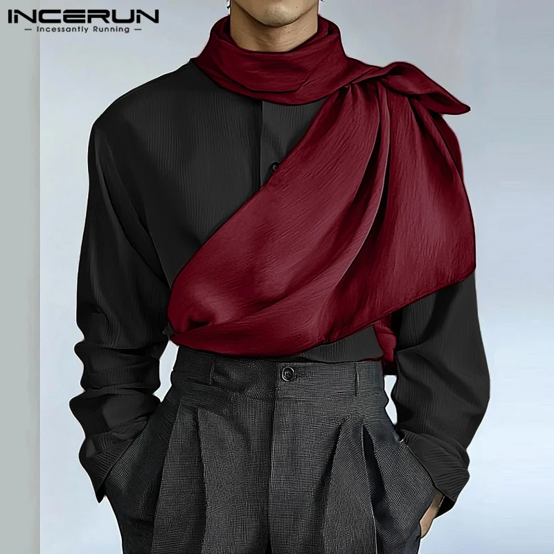 INCERUN Casual Loose Deconstruction Colorblock Chemise Men Long Sleeved Shirts 2024 Handsome Fashion Harajuku Simple Blouses