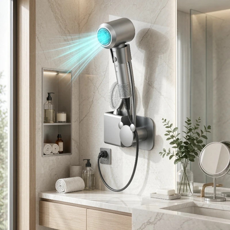 Hands Free Hair Dryer Holder No Drill Bathroom Wall Mounted Storage Rack Strong Support Space Saving Moisture Resistant 드라이어 거치대