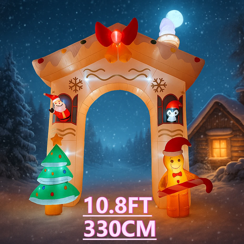 10,8 pies LED inflable Navidad patio arco decoración Santa pingüino hombre de jengibre suministros de Navidad juguete decoraciones para el hogar regalo ornamental
