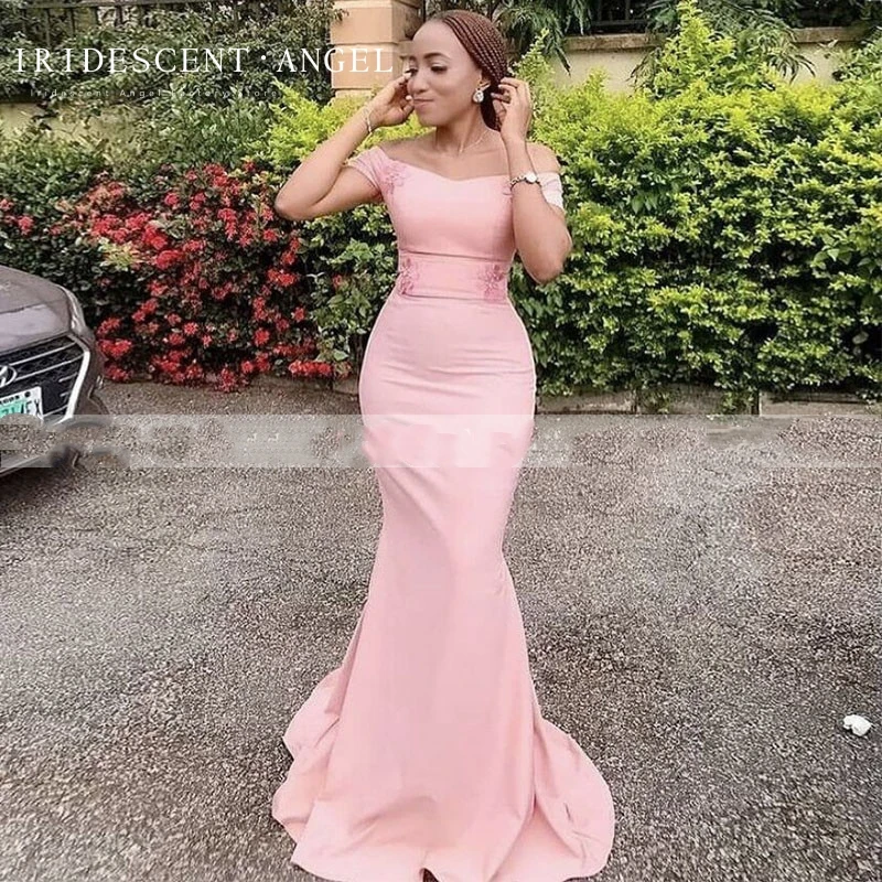 Iridescent Cheap Pink Short Sleeves Mermaid Bridesmaid Dresses Off the Shoulder Maid Of Honor Dresses For Weddings Formal Gowns