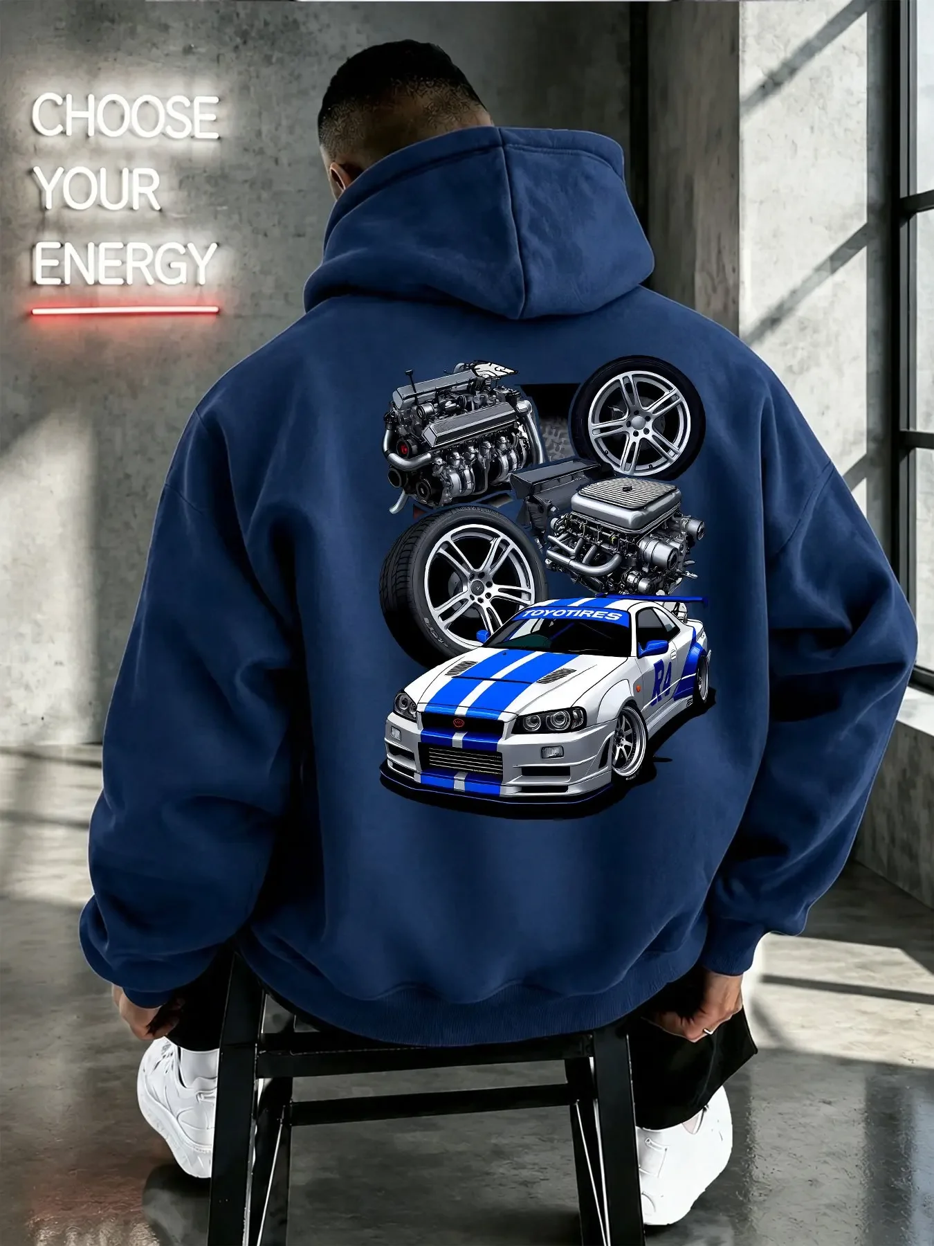 Trending Aesthetic Modified Racing Car Engine Rim Graphic Hoodie Back Print Pullover Hoodie Unisex Loose Hoody