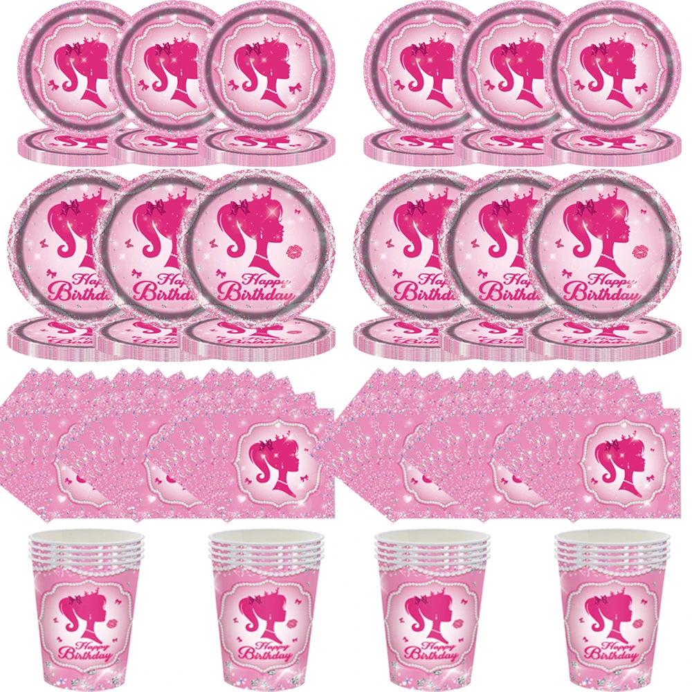 Girls Pink Sets Birthday Decoration Party Disposable Paper Napkins Cups Plates Tablecloths Party Supplies