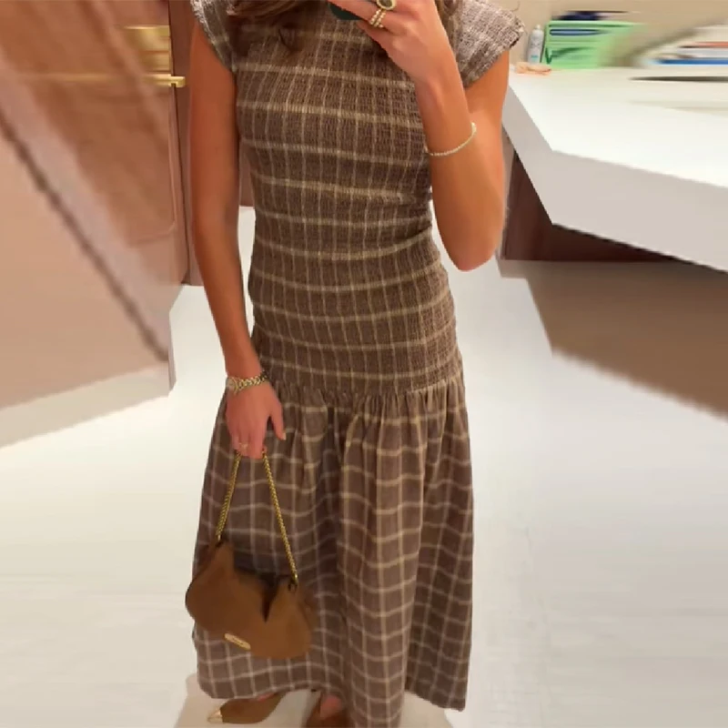 Vintage xadrez midi vestido smocked corpete manga boné em camadas design retro xadrez fino ajuste feminino escritório chique outono commuter wear