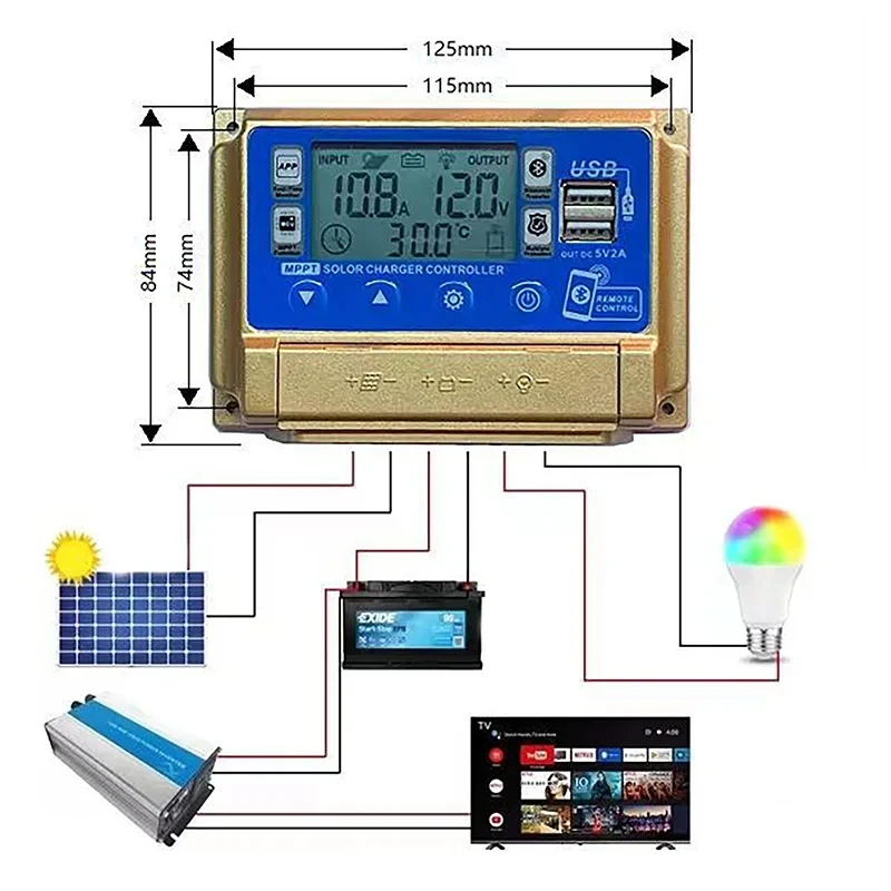 30A/40A/50A/60A bluetooth Solar Panel Controller High Definition LCD Large Digital Display 12/24VMPPT Solar Charge Controller