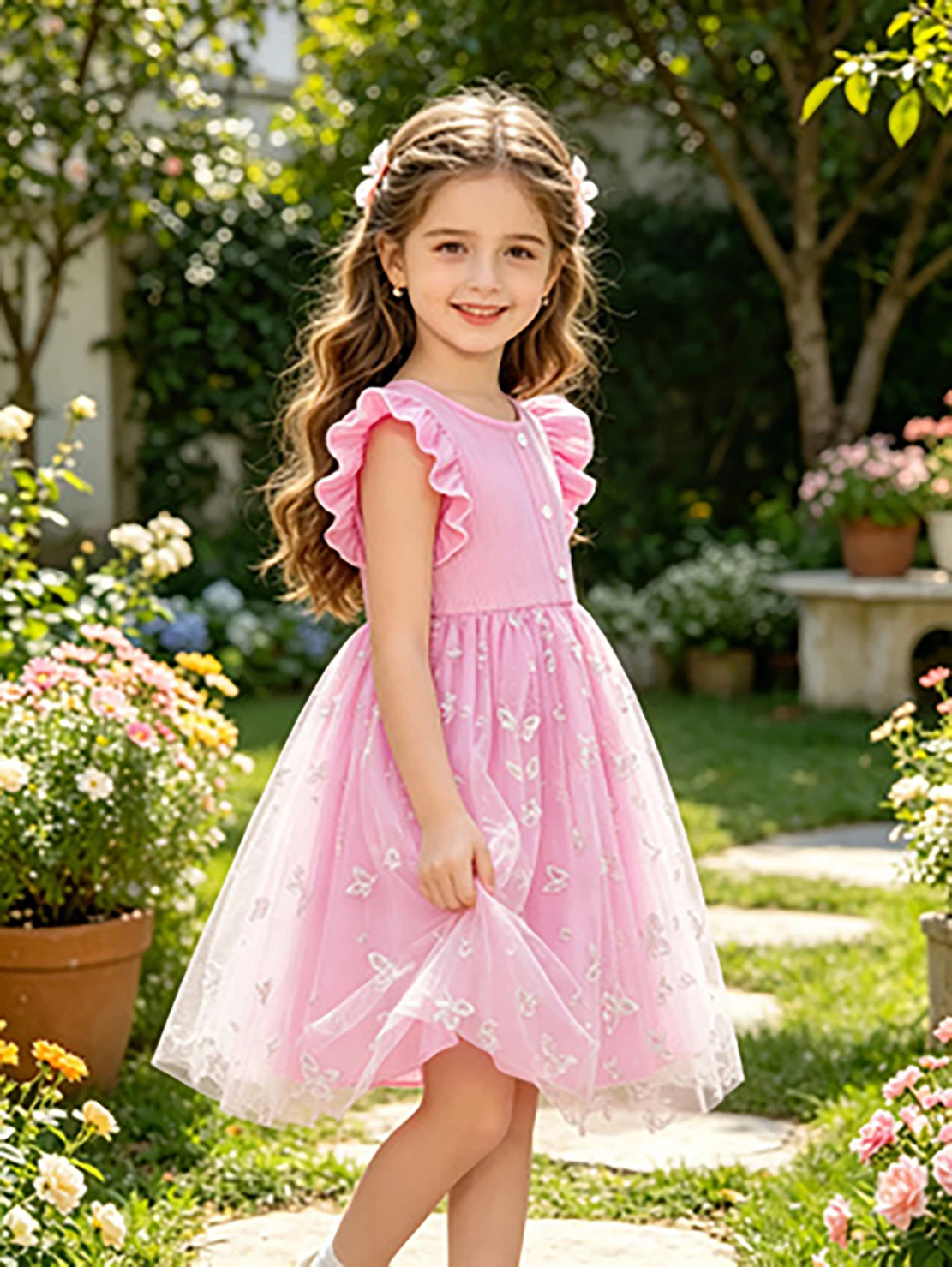 Mädchenkleid mit rosa Schmetterlingsstickerei, Prinzessinnenkleid, Sommerkleid mit Flatterärmeln und Knöpfen aus Tüll – Detail 3