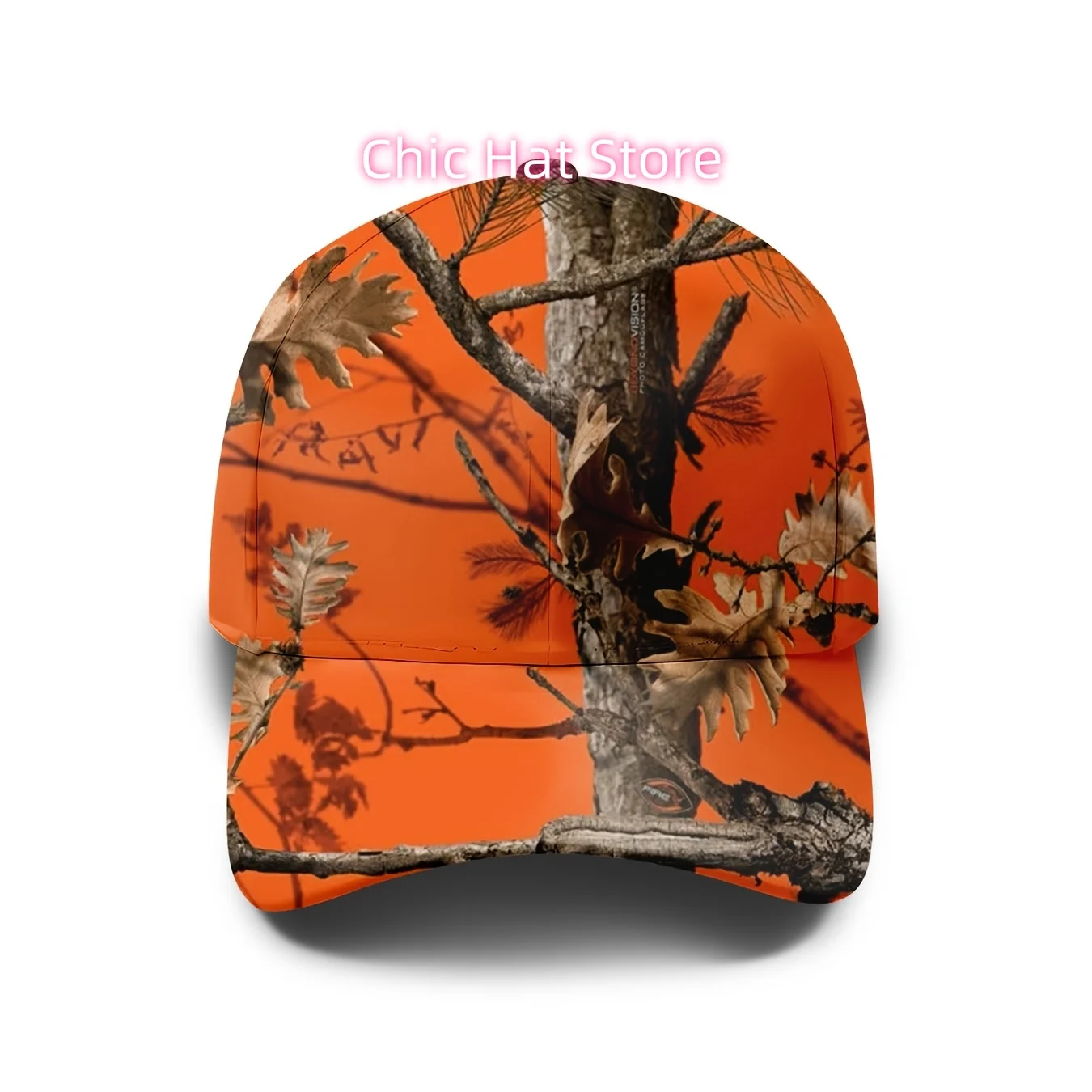 Baseball Cap Featuring a Camouflage Design of an Orange Tree Shadow, with an Autumn Forest Motif. This Unisex, Adjustable Hat Is