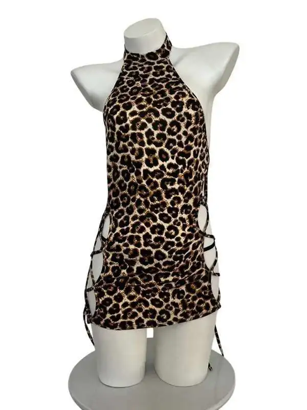 Sexy Women Pure Desire Leopard Print Suspender Nightclub Uniform Seductive Lace Up Hot Dress Elegant Tank Mini Dress Tops TBA8