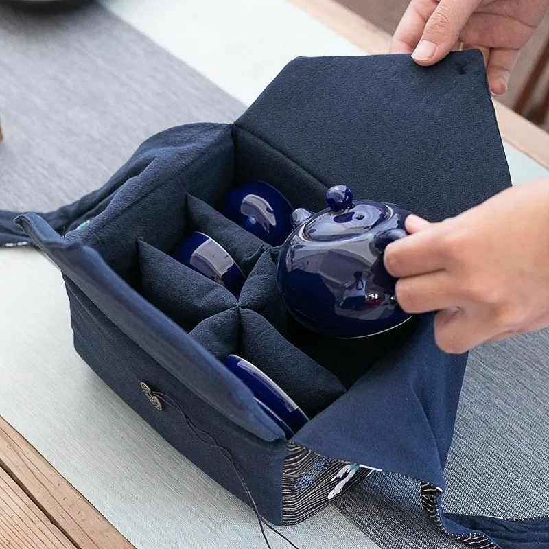 

Chinese-style and National Trend Hand-woven Cotton Tea Set Storage Bag, Thickened Outdoor Travel Carrying Packaging Box