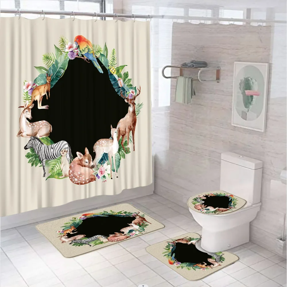 Sika Deer Zebra Parrot Shower Curtain Sets Tropical Animal Green Leaves Floral Bathroom Curtains With Bath Mat Rug Toilet Cover