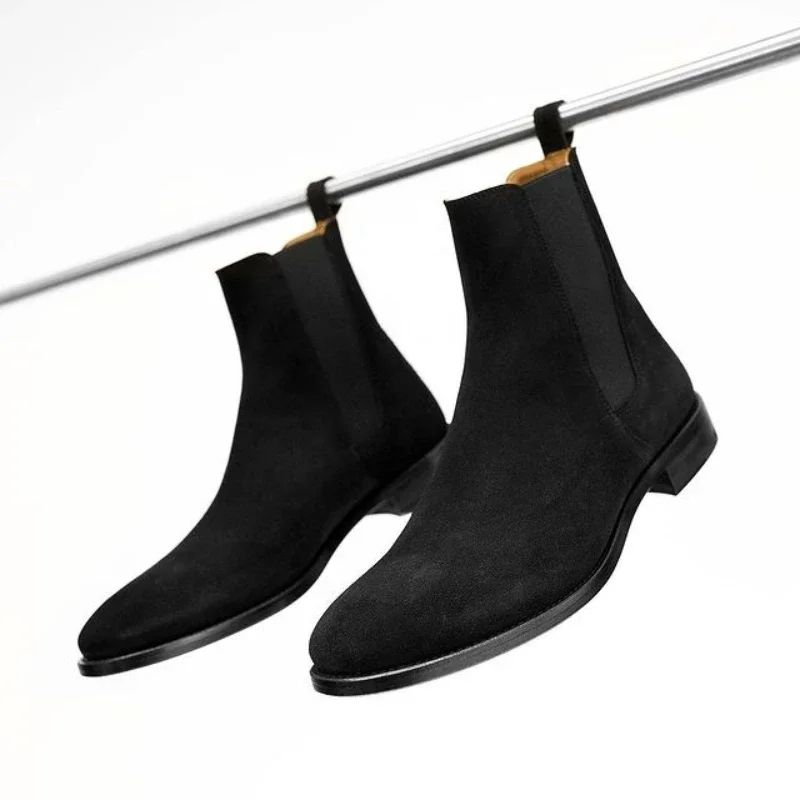 New Chelsea Boots for Men Business Flock Round Toe Slip-On Solid Men\'s Formal Boots Size 38-48 Mens Boots