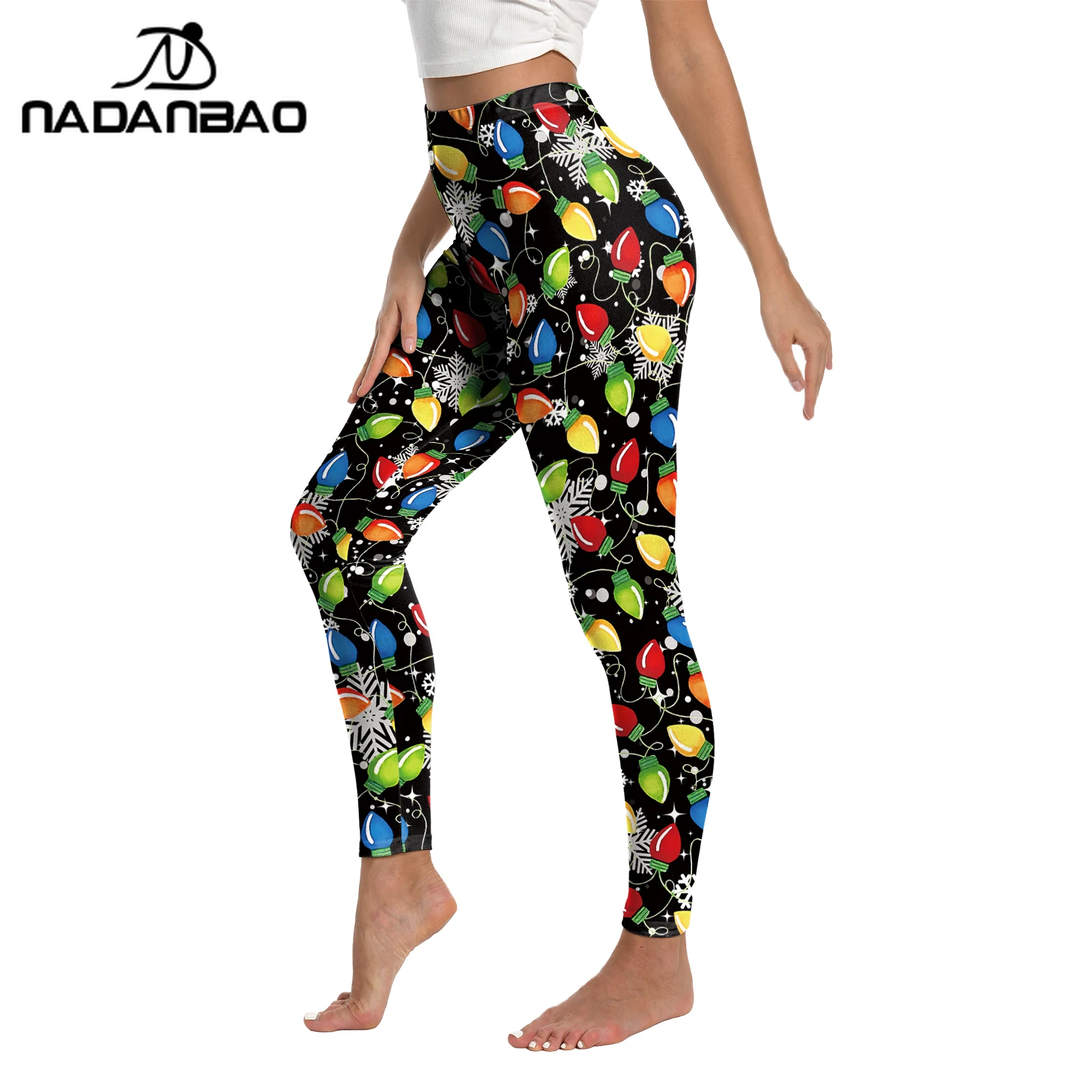 Nadanbao damesbroek met kleurrijke lichtenprint, sexy zwarte middentaille legging, casual buiten yogabroek, kerstfeestbroek