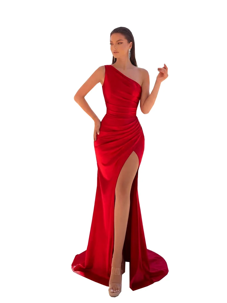 Elegantes Brautjungfernkleid, One-Shoulder-Satin-Abendkleid, gerafftes, hochgeschlitztes Meerjungfrauen-Maxikleid für Damen, Hochzeitsgast, Abschlussball, Party – Detail 4