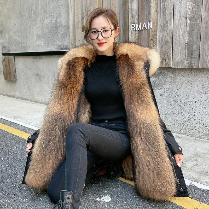 Pie Over Women's Liner Detachable 2022 New Winter Mid-length High-end Women's Imitation Raccoon Dog Fur Coat