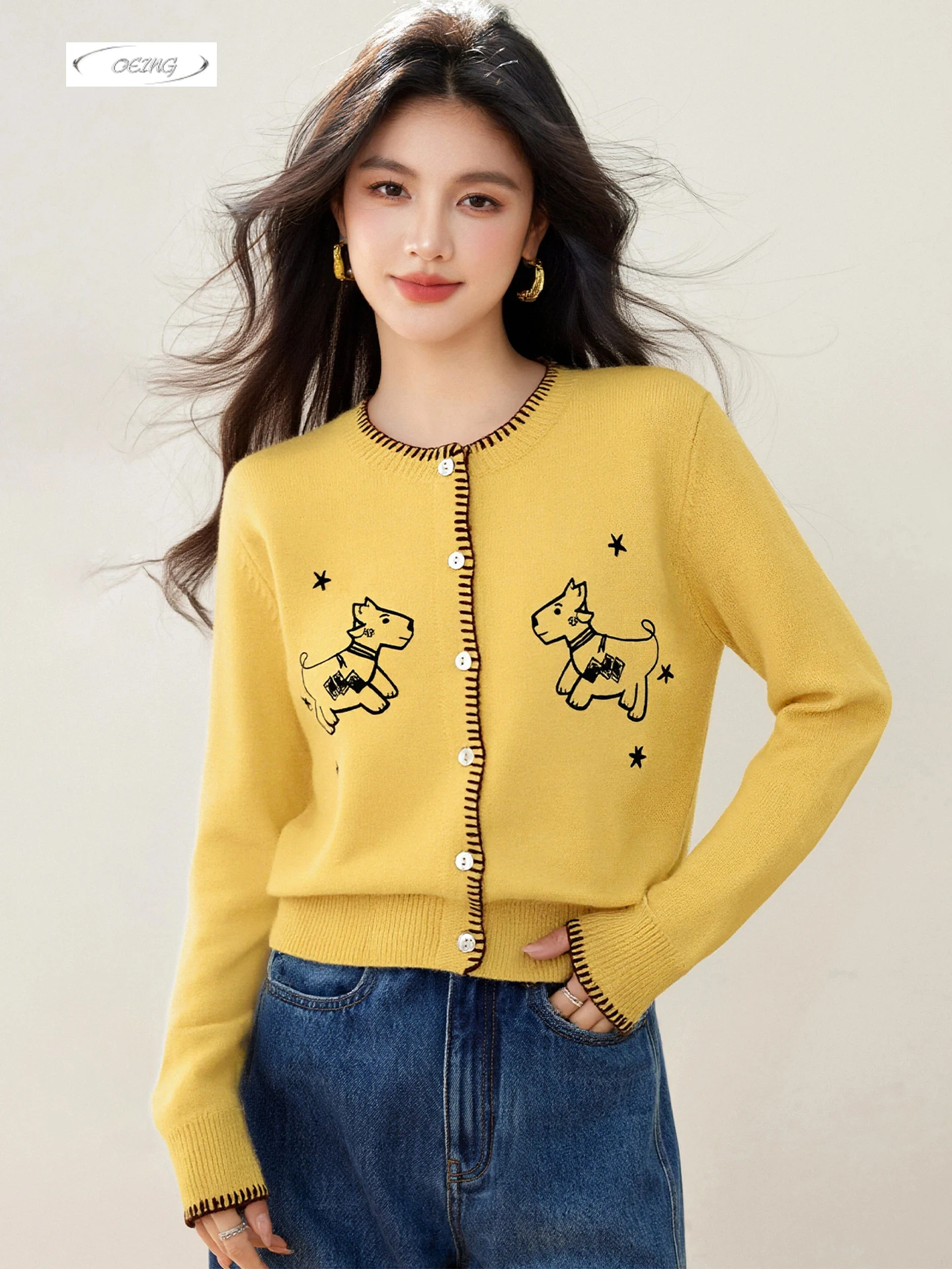 

Women Chic Single Breasted O-neck Embroidery Knitted Cardigan Sweater Autumn Winter Elegant Korean Style Yellow Knitwear 9750