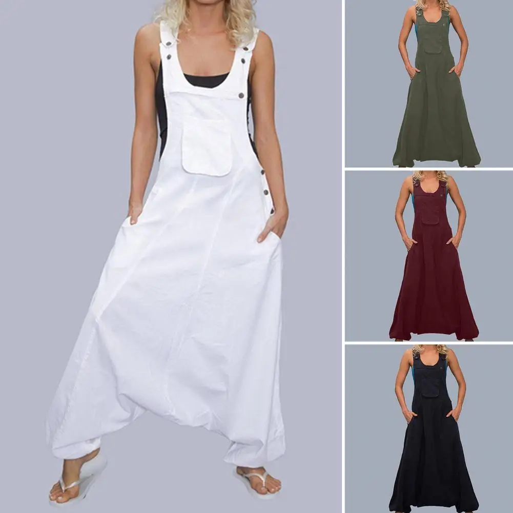 

Women Summer Loose Thin Jumpsuits Harem Pants Wide Leg Pants Sleeveless Pockets Bib Jumpsuit Siamese Trousers Large Size S-5XL