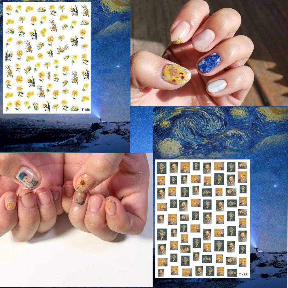 Pegatina de Arte de uñas romántica de la noche de Van Gogh, adhesivo, Luna, cielo estrellado, crisantemo, envolturas de pintura al óleo, deslizador de uñas de impresión, 1 ud.