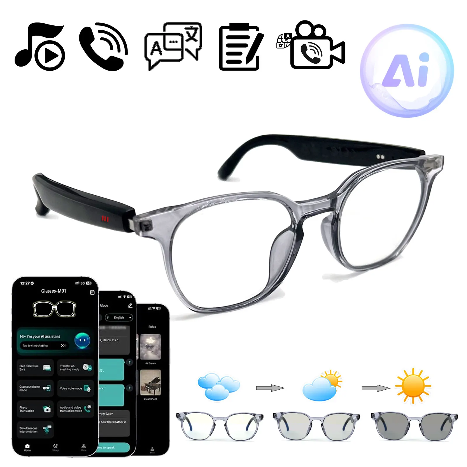 Smart Audio Glasses with Real-Time Translation Hi-Fi Music Playback Noise-Cancelling Voice Calls And Photochromic Lenses