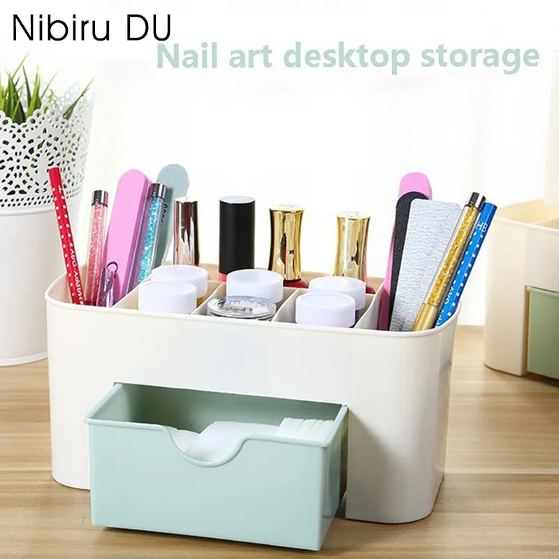 Nail Art Plastic Organizer Storage Box With Drawer Nail polish Cotton Swab Stick Storage Case Nail Brushes Holder Manicure Tools