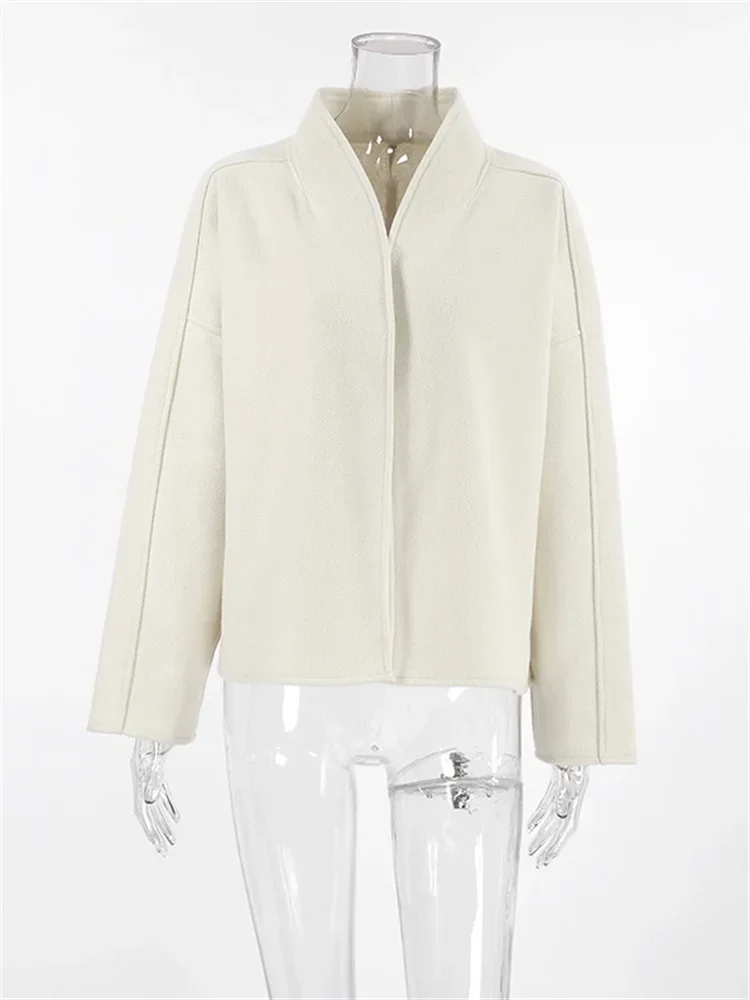 Fmxires New Casual Female Wool Overcoat Streetwear Patchwork Loose Cardigan Cropped Coat For Women Long Sleeve Solid Y2k Outwear