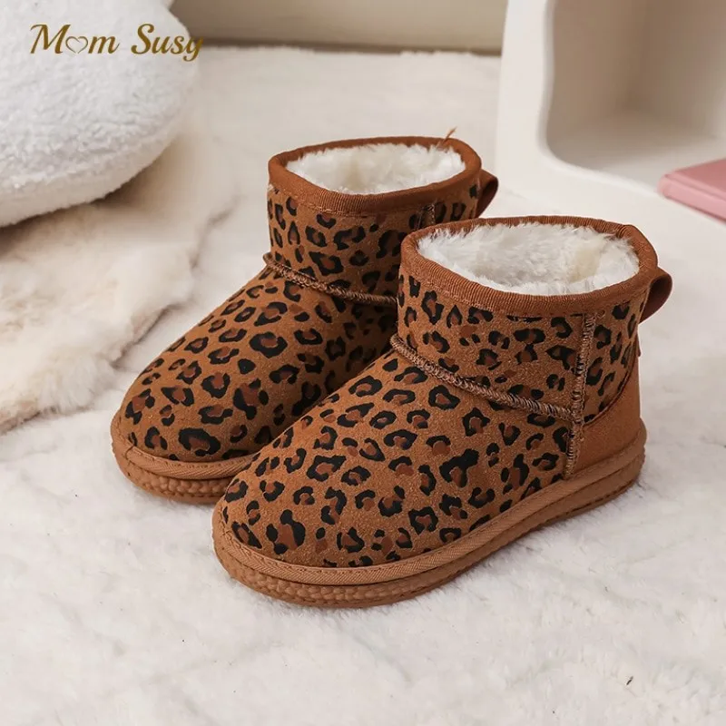 

Fashion Baby Girl Boy Leopard Print Shoes Fleece Inside Child Flat Shoes Winter Soft Bottom Snow Boots Warm Casual Baby Shoes