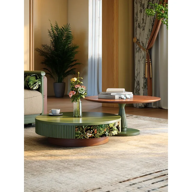 

French retro coffee table Solid wood small apartment medieval style round coffee table living room household