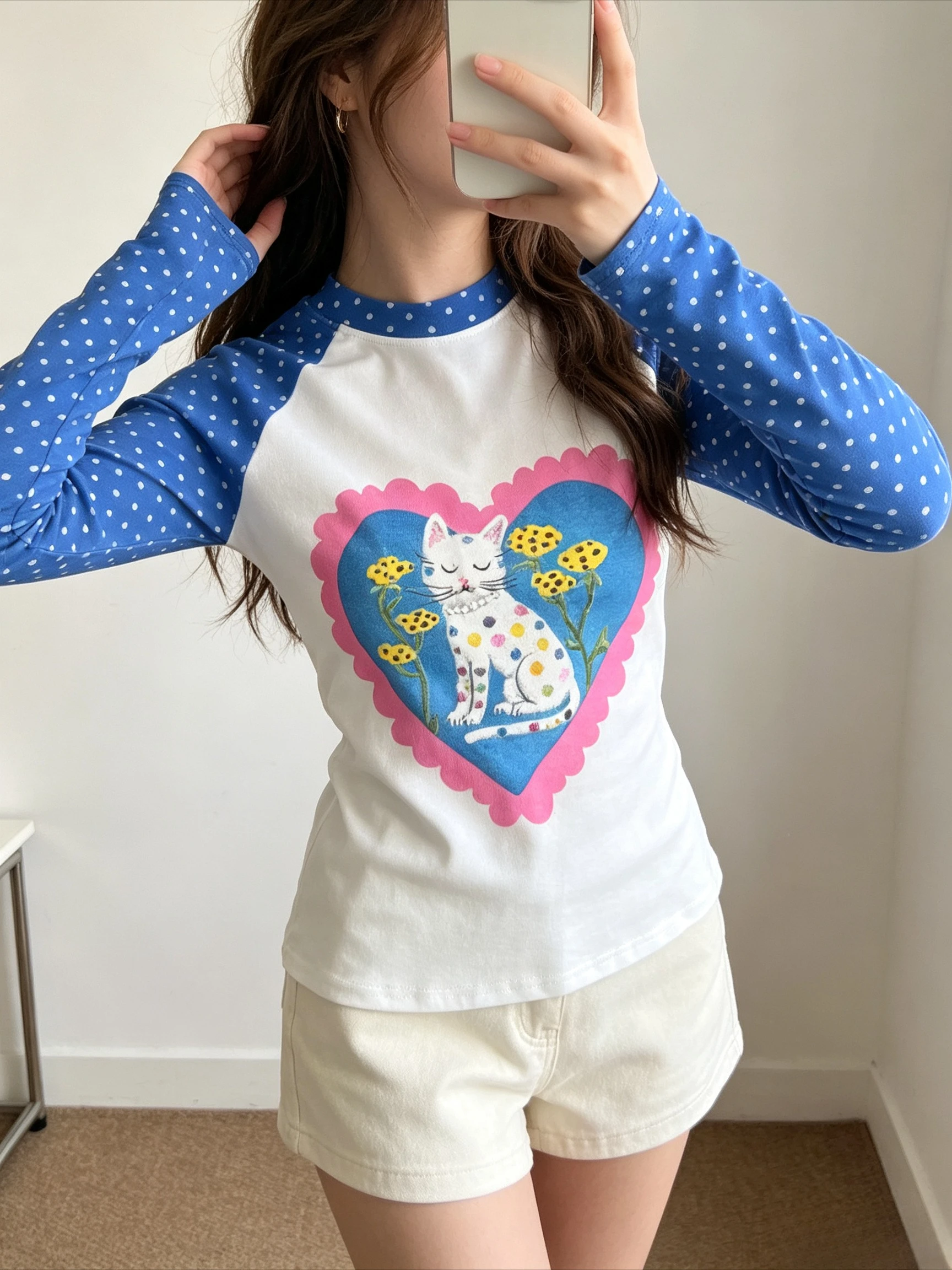 Color Block Raglan Long Sleeve Tee Polka Dot Sleeve Cute Cat Flower Graphic Print Heart Border Casual Basic Top