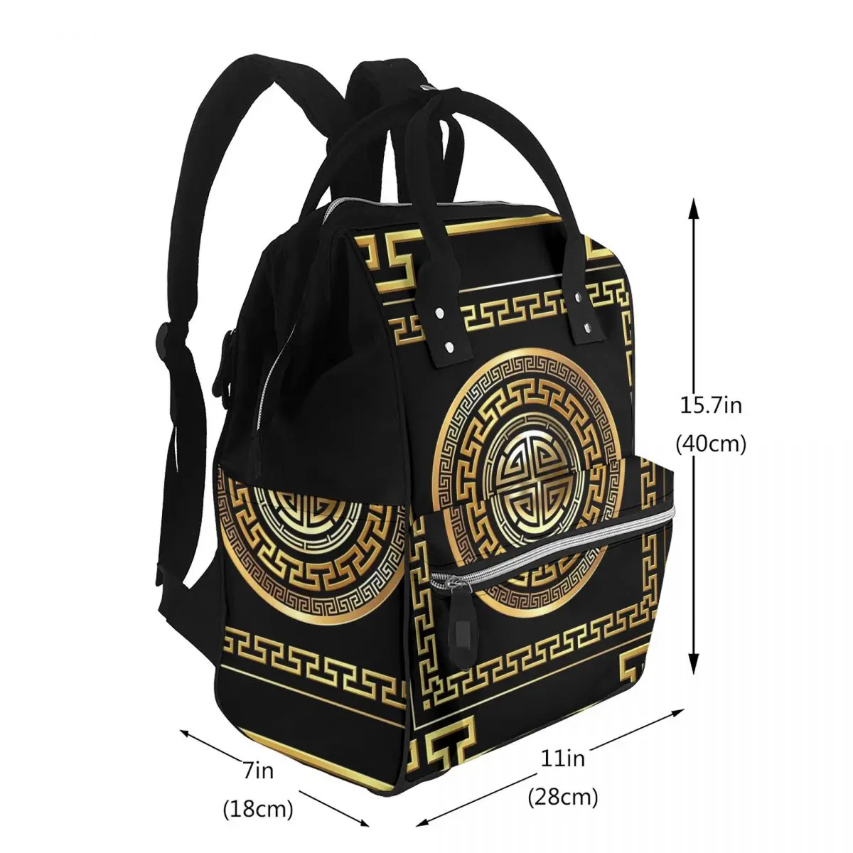 Greek Key Meander Black Gold Large Student Backpack School Bag Hiking Travel Daypack for Men Women Bookbag Shoulder Bags