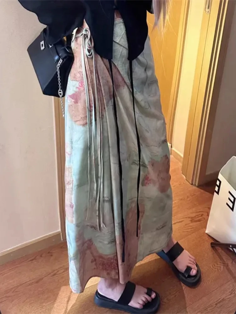 

Tie Dye Printed Long Skirt Women Vintage High Waist Lace Up A-line Beach Skirts Summer Fashion All Match Y2k Skort