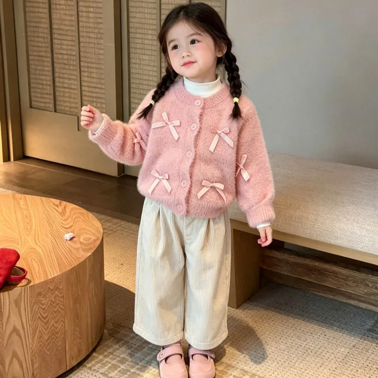 2026 Kids Fall Sweater Baby Fall Winter Bow Knot Plush Knit Cardigan Bowknot Decoration New Style Girls