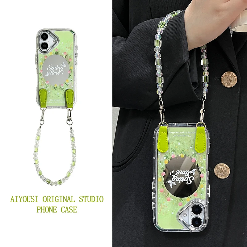 

Premium Tulip Mirror Tote Chain for Apple 13pro Phone Case 15promax Niche iPhone 16 Anti-Shock Light Luxury 14promax
