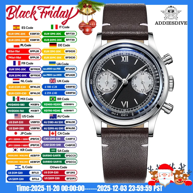 ADDIESDIVE Man Fashion Watch Reloj Hombre 100m Diving Leather Belt Multifunctional Chronograph Quartz Watches
