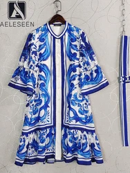 AELESEEN Runway Fashion Summer Dress Women Short Flare Sleeve A-line Belt Pink Blue Flower Print Single-breasted Mini Casual