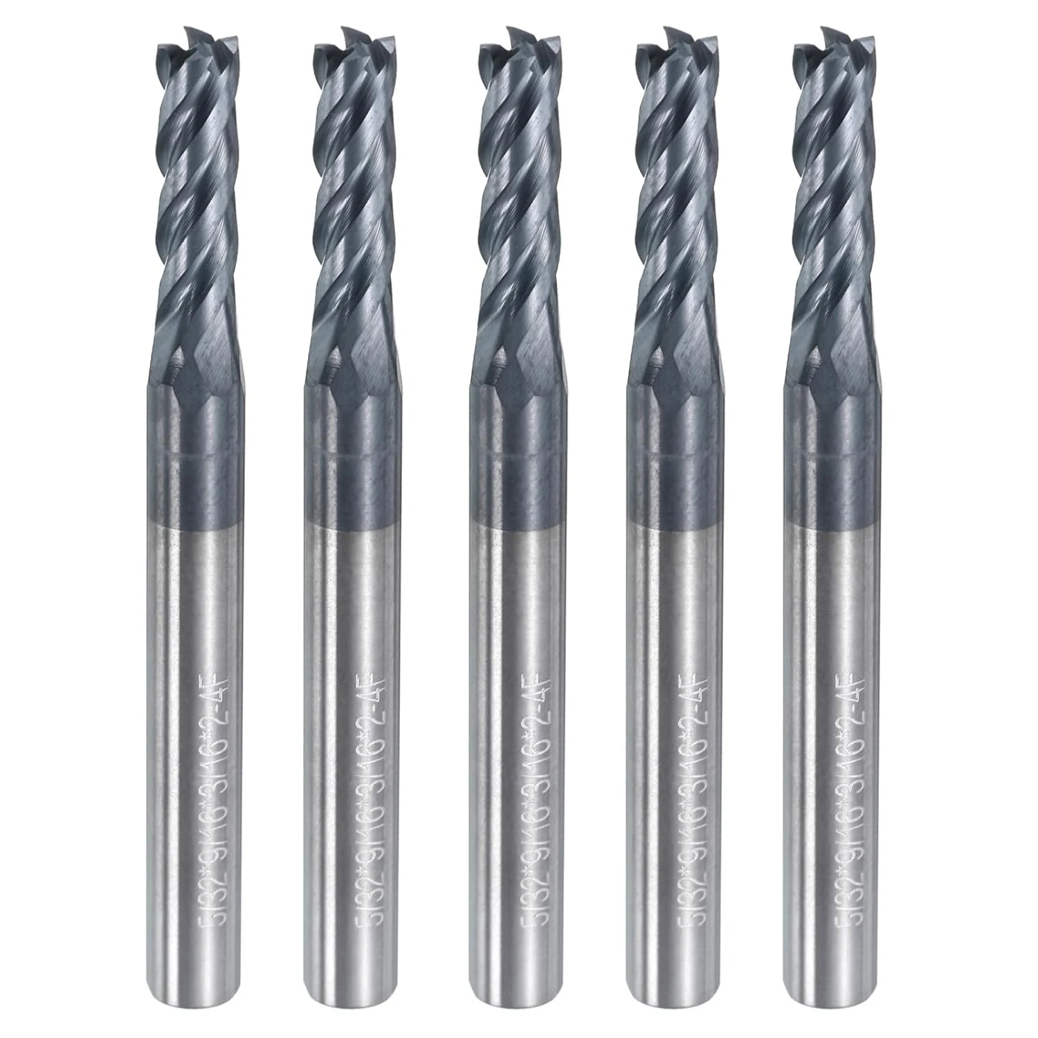 

5Pcs 5/32" Solid Carbide Square End Mills - AlTiN Coated, 4 Flute, 30° Helix, 5/32" Cutting, 3/16" Shank, 9/16" LOC, 2" OAL