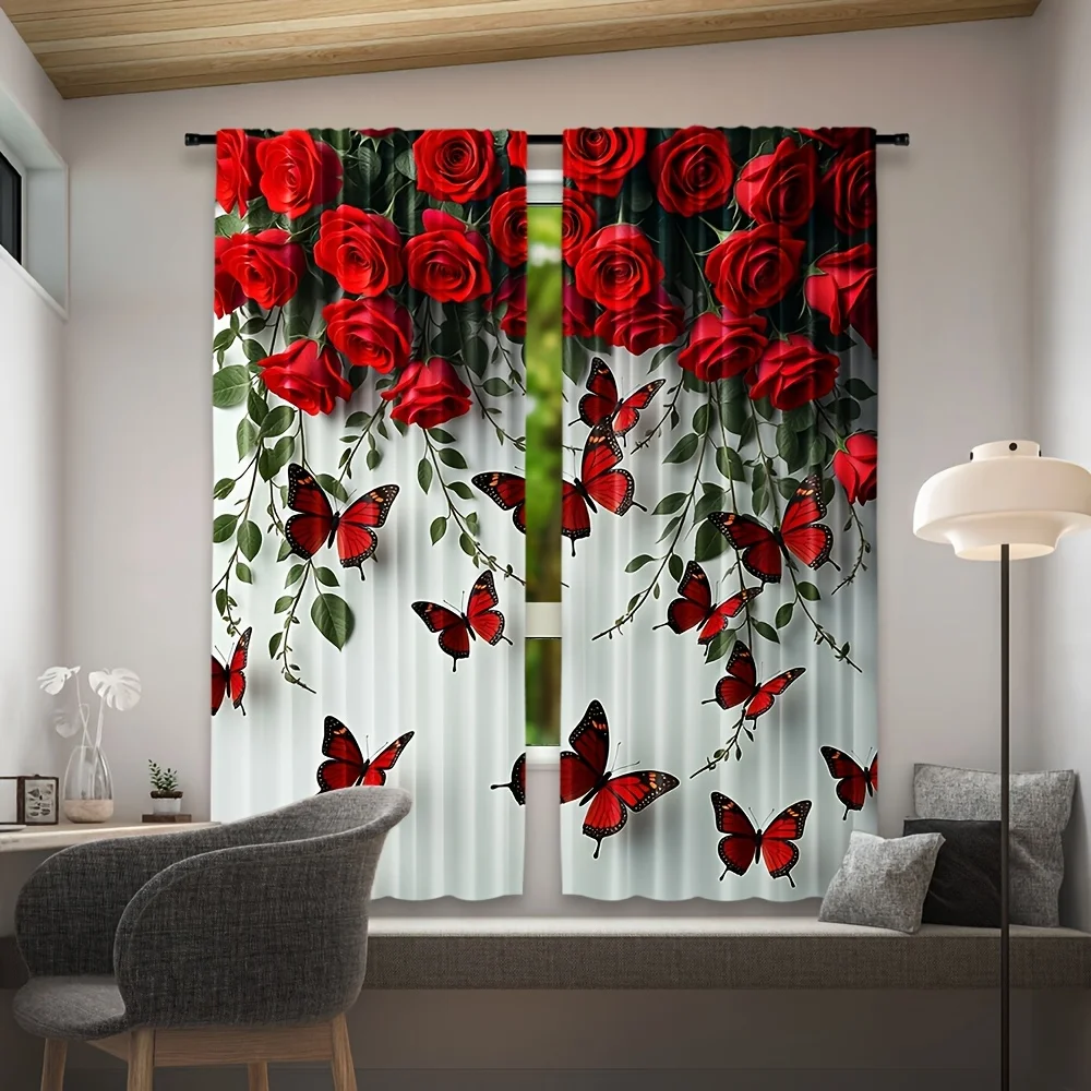 Luxury Red Roses Butterfly Floral Curtains Polyester Window Drapes Romantic Summer Pattern Living Room Bedroom Home Decor