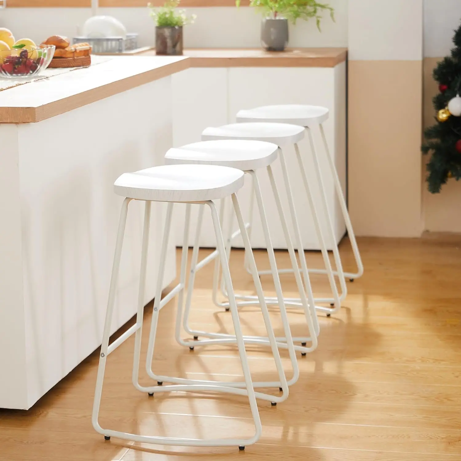 Bar Stools, Saddle Seat Bar Stools with Metal Legs, Rustic Backless Counter Height Stools, Industrial Wood Counter Stools