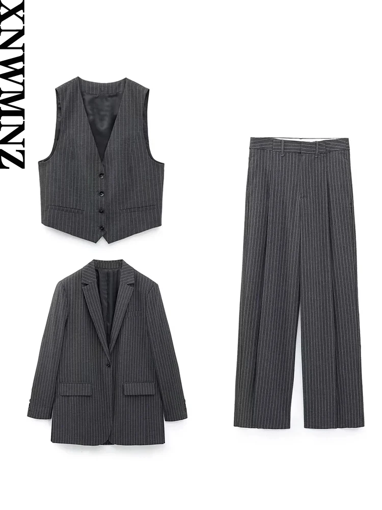 XNWMNZ 2023 Women fashion straight pinstripe blazer or high waist straight trousers or pinstripe V-neck waistcoat female suit