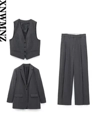 XNWMNZ 2023 kadın moda düz pinstripe blazer veya yüksek bel düz pantolon veya pinstripe v yaka yelek kadın takım elbise