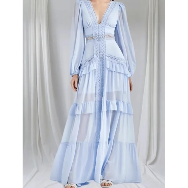 Moda elegância feminina longo maxi vestido 2025 rendas profundo decote em v manga cheia em camadas babados bordas vestidos de festa rua