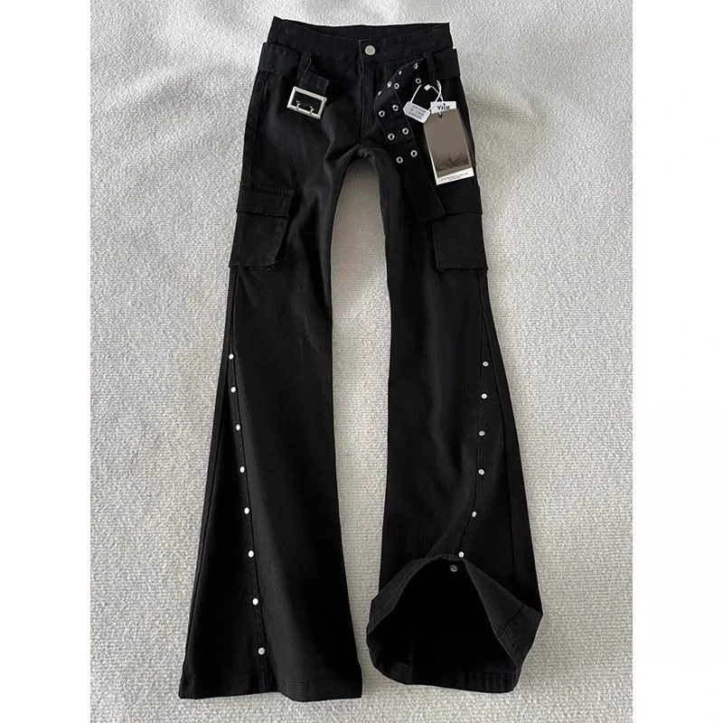 2025 American Retro Dark Gothic Jeans Damen High-Street Mid-Rise Nietenverzierte Schlaghose Y2K Ästhetische Cargohose Herbst