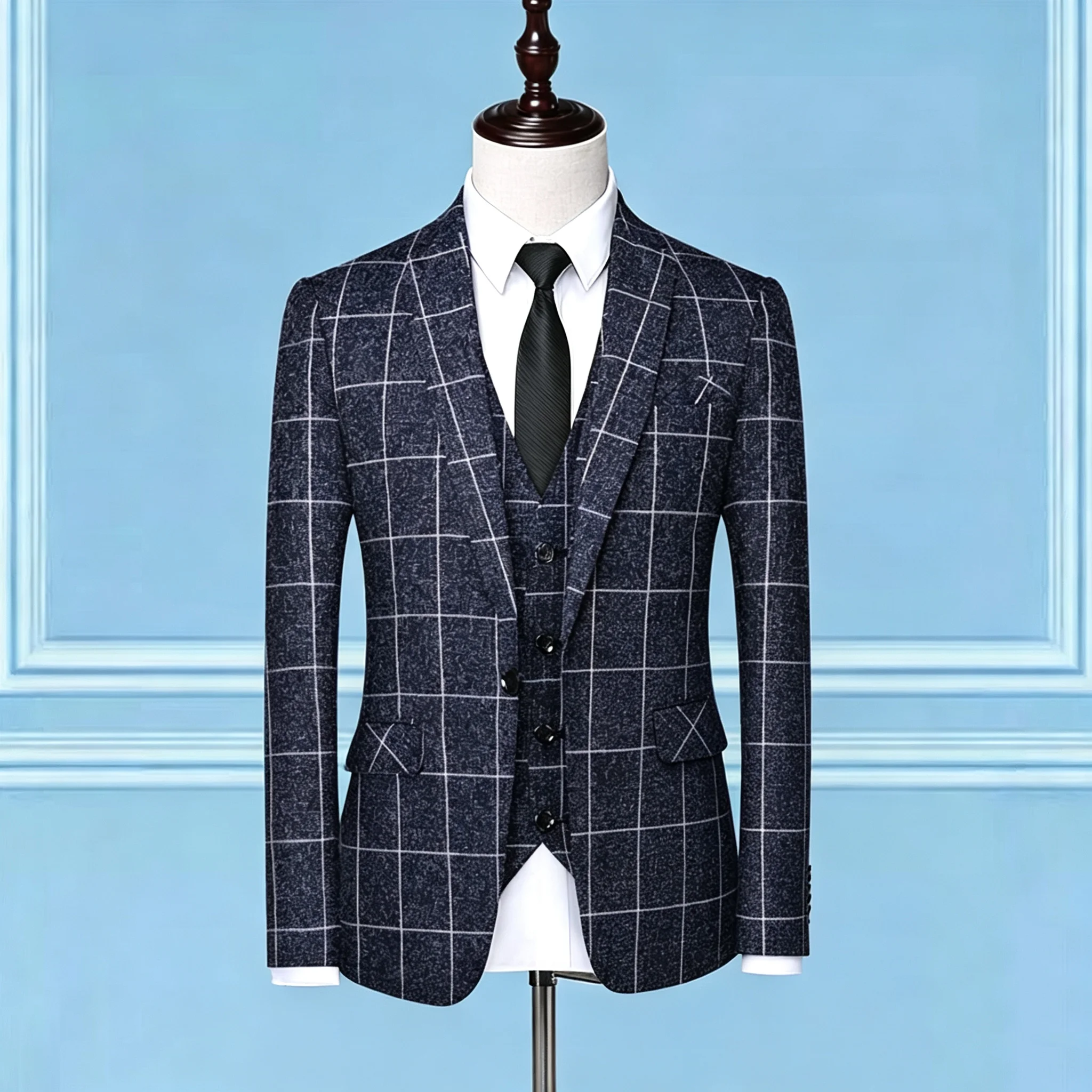Men's Dark Navy Tweed Suit Jacket with White Windowpane Plaid Textured Surface Classic Fit Professional Business Casual Wear