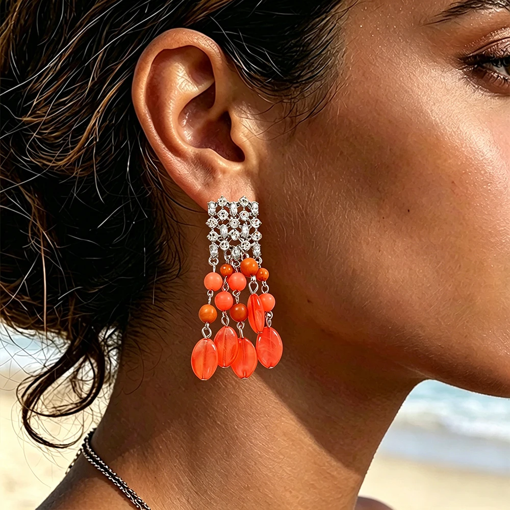 Bohemian Orange Resin Beaded Tassels Drop Earrings for Women Fashion Rhinestone Earring Summer Beach Party Jewelry Accessories