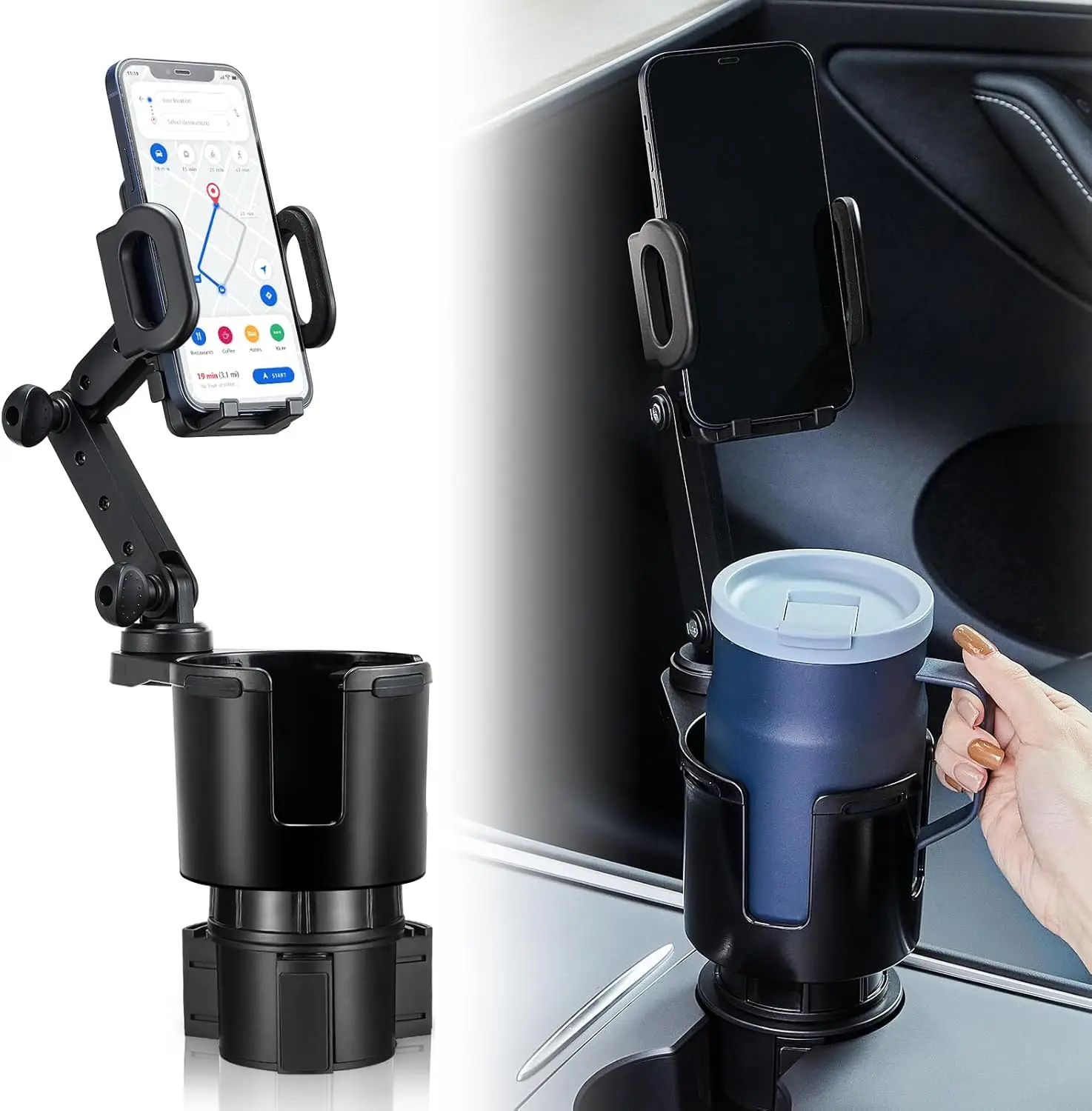 

Adjustable Car Cup Holder Expander with 360° Rotating Phone Mount for All Smartphones