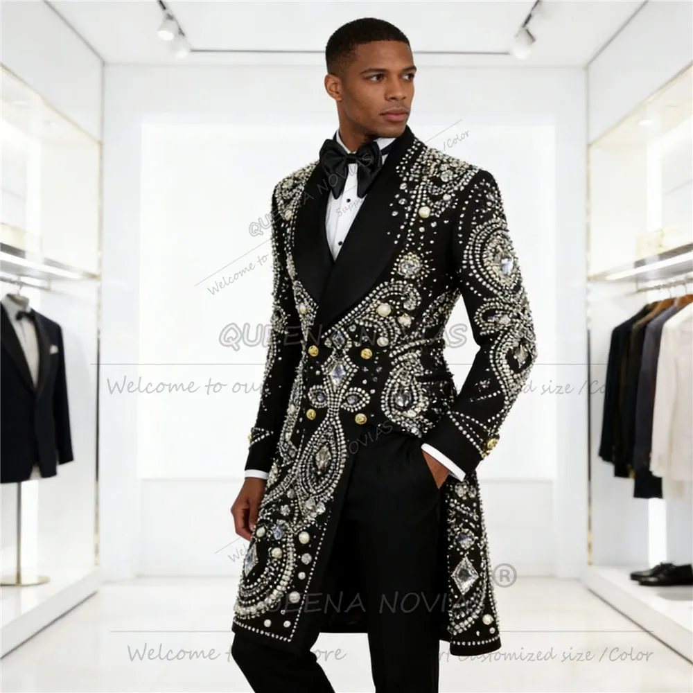 Brilliant Rhinestones Beaded Wedding Tuxedo Suit Attire Customized Peaked Lapel Prom Blazers Long 2 Pieces Groom Ropa hombre