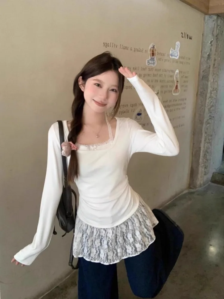 เสื้อยืดผู้หญิง Lace Patchwork ปลอม 2 ชิ้นน่ารักสไตล์ Halter Casual Kawaii เกาหลีสไตล์ Y2k High Street Slim สบาย
