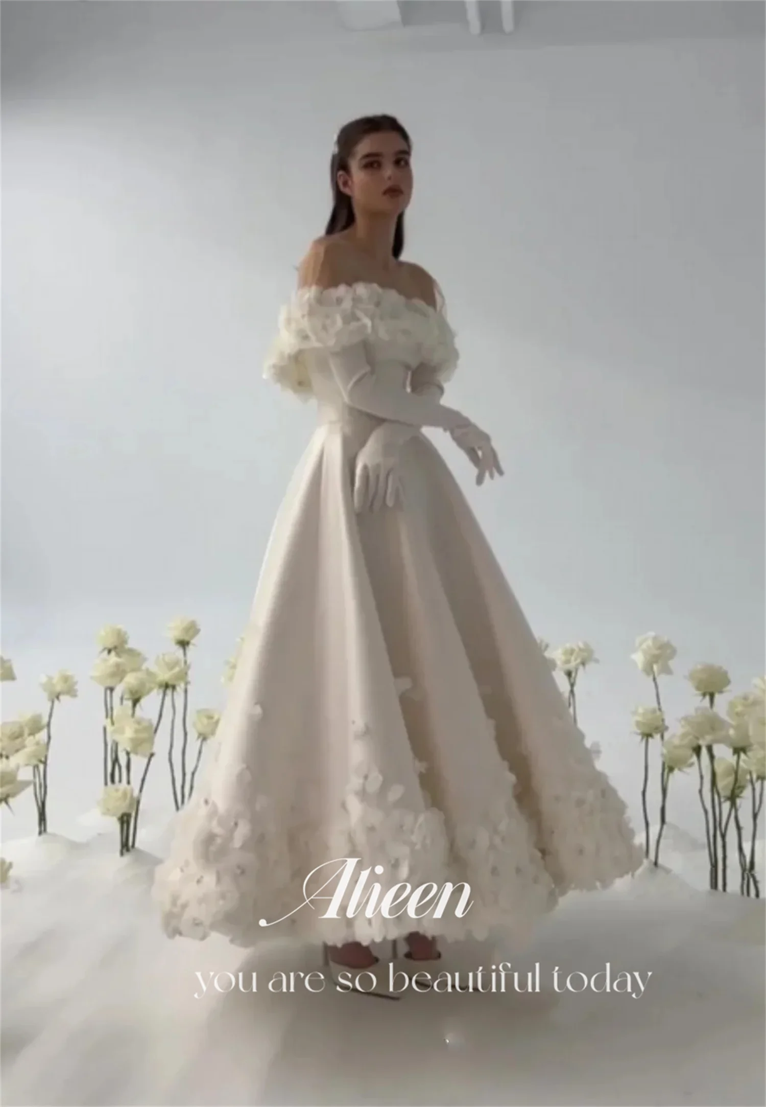 Aileen Off-white A-line 3D Flowers Handmade Gala Dress Woman Prom Women Midi Dresses Luxury Evening 2024 Elegant Party Wedding